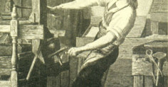 An old engraving of a man working on a printing press, inspired by Benjamin Franklin and his Plan of Conduct.