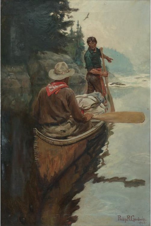A Manvotional painting of two men in a canoe.