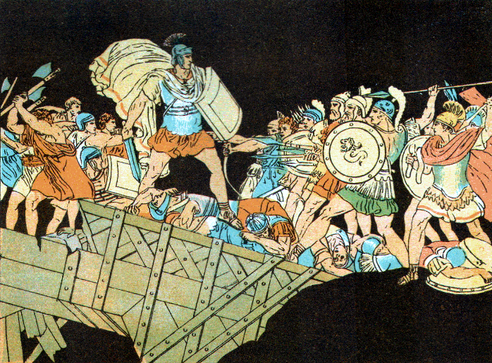 An illustration of men on a bridge.