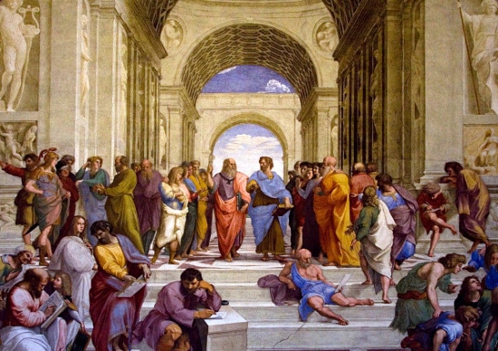 The School of Athens" by Michelangelo depicts a group of men studying classical culture.