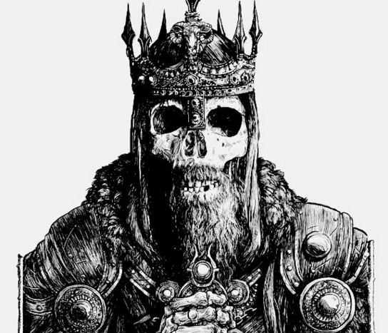 A black and white drawing of a skeleton wearing a crown, embodying wisdom.