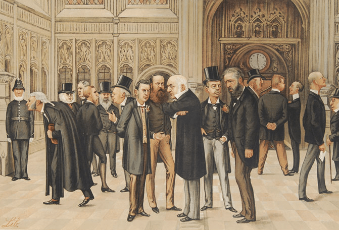 A painting of a group of men *in suits*.