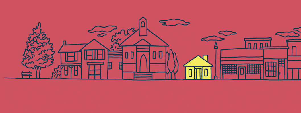 A drawing of a city with trees on a red background.