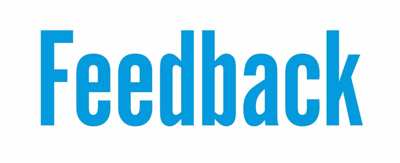 The word feedback in blue on a white background, taking feedback.