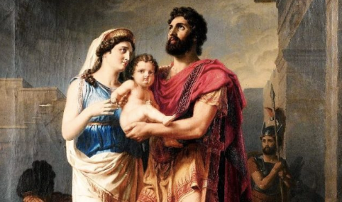 A painting of a man holding a baby.