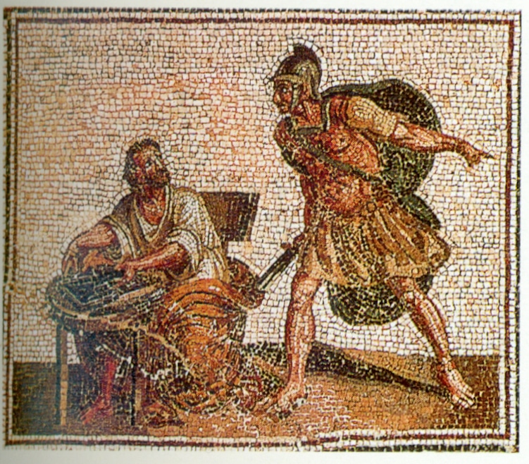 A mosaic portraying a man and a woman in Ancient Greek style.
