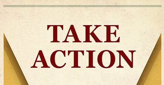 A poster with the words "take action" on it.