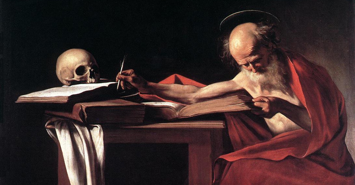 A painting of an old man writing at a table with a skull, capturing the essence of solitude and spiritual disciplines.