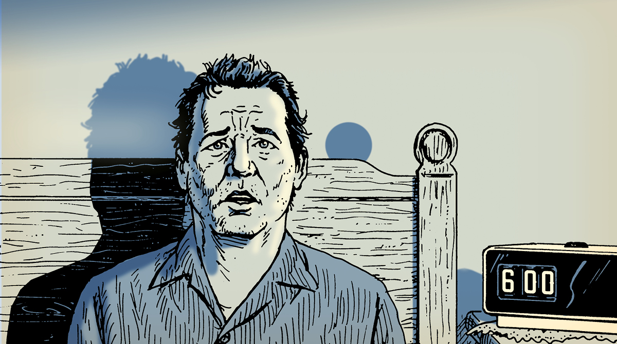 An illustration of a man standing in front of a clock, feeling a sense of horror.