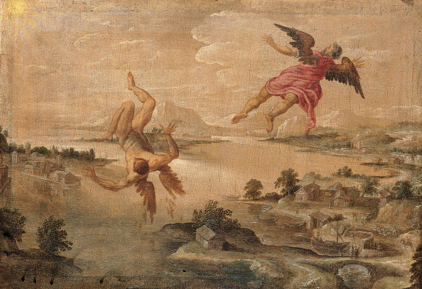 A painting of an angel flying over a serene lake, embodying grandiosity.