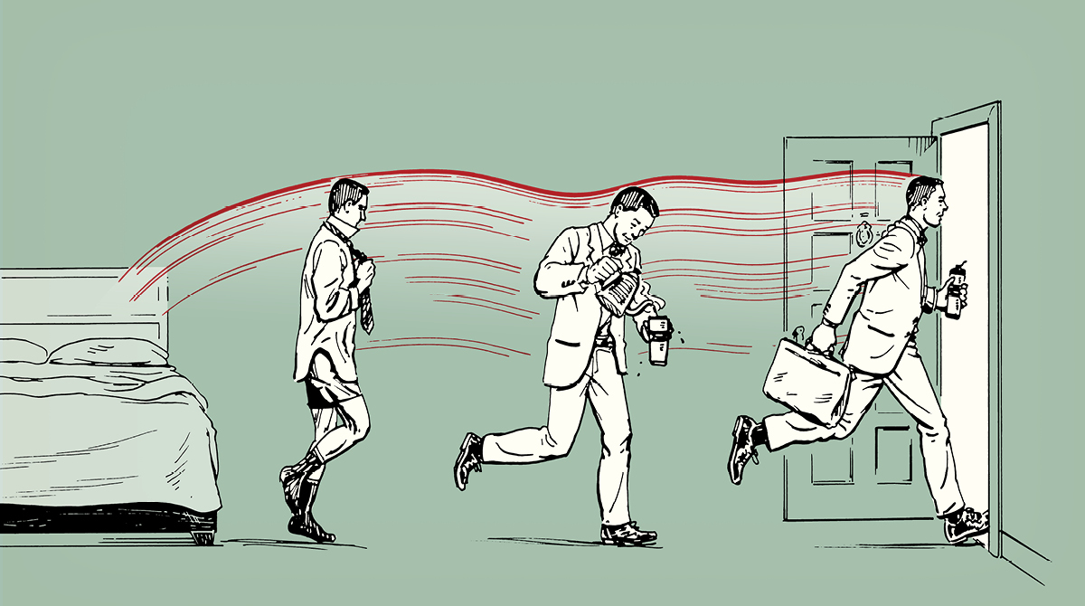 An illustration of a man running out of a door in the morning.