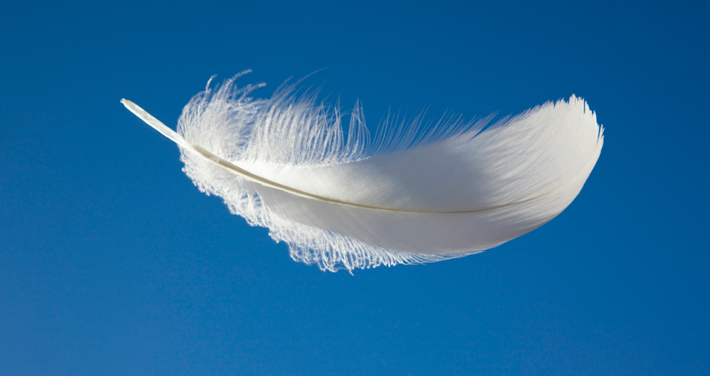 Feather floating in the blue sky, inspired by "When Breath Becomes Air" podcast.
