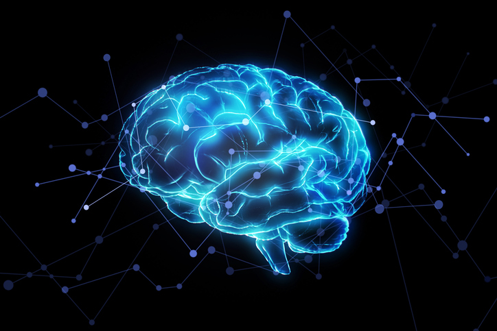 An image of a blue brain on a dark background.