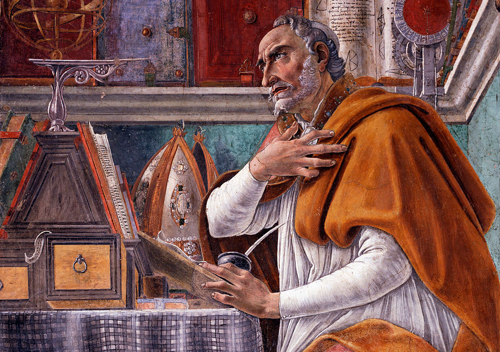 A painting of a man at a table with a spiritual presence.