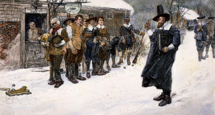 A painting of a group of men standing in the snow captures a sense of solitude and contemplation.